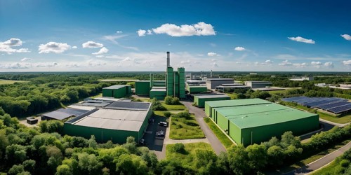 Aerial view showcasing a green factory symbolizing green washing concept, AI genrated, AI generated