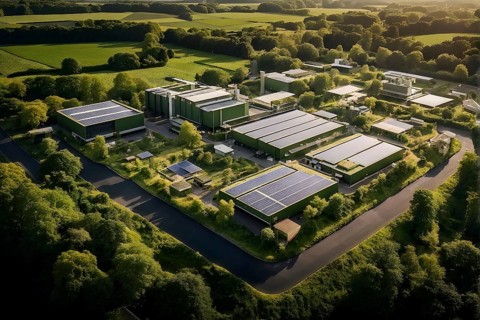 Aerial view showcasing a green factory symbolizing green washing concept, AI genrated, AI generated