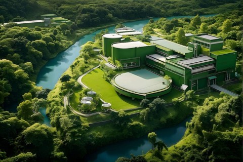 Aerial view showcasing a green factory symbolizing green washing concept, AI genrated, AI generated