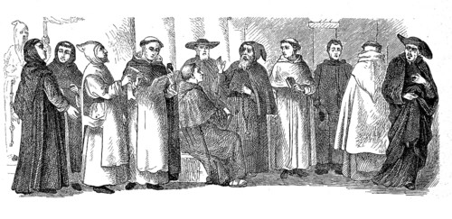 Religious costumes in the year 1880, from left: white bustle in Rome, Benedictines, Cistercians,