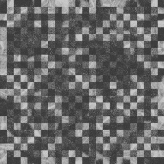 A black and white abstract geometric pattern of small squares creating a pixelated texture