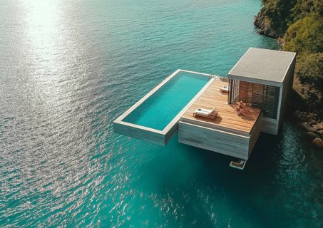 Modern house with an infinity pool extending over the ocean, featuring a wooden deck and surrounded