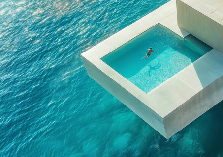 A person floats in an infinity pool over the ocean, captured from an aerial view, highlighting