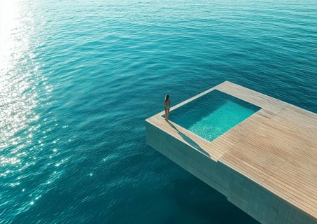 A woman stands alone at an infinity pool overlooking the ocean, creating a sense of peaceful