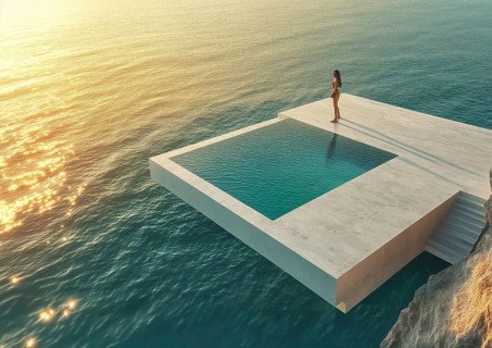 A woman gazes at the horizon while standing by an infinity pool during sunset, evoking a serene and