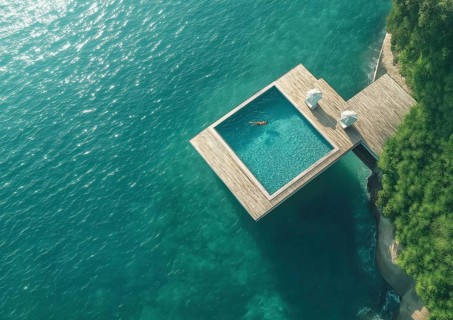 Aerial view of a person floating in an infinity pool over the ocean, surrounded by greenery,