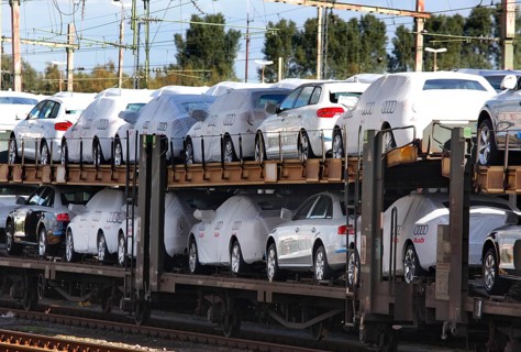 Bremerhaven, 29/09/2010 A goods train loaded with new Audi vehicles in Bremerhaven. The vehicles
