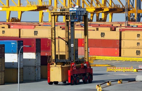 Bremerhaven, 29.09.2010, Van Carrier transports containers at the Eurogate container terminal,