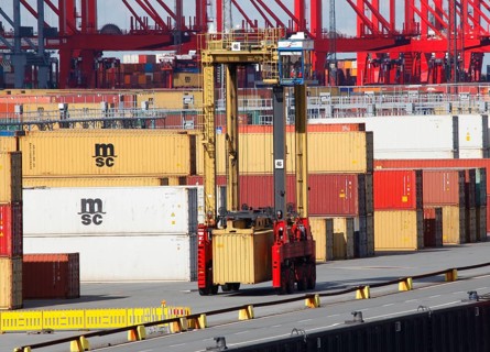 Bremerhaven, 29.09.2010, Van Carrier transports containers at the Eurogate container terminal,