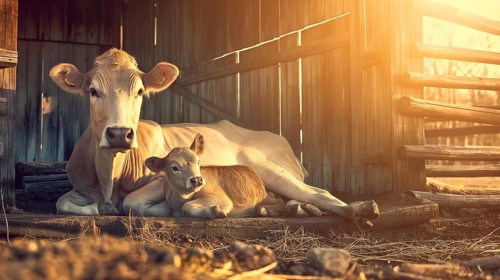 A cow and calf resting in a warm, sunlit barn, reminiscent of a quiet and peaceful rural setting at