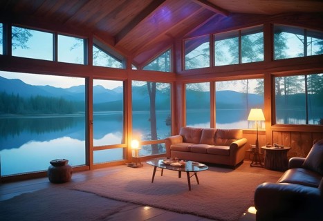 Cozy cabin living room with large windows overlooking a serene lake and mountains, creating a