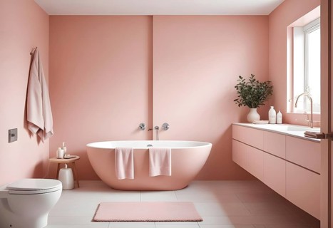 Contemporary bathroom with minimalist pink walls, a freestanding tub, and sleek fixtures, AI