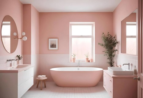 Modern bathroom with pink walls, a freestanding tub, and a soft, calming atmosphere, AI generated