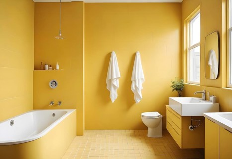 Modern bathroom with bright yellow walls, white fixtures, and minimalistic decor, AI generated