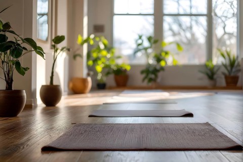 Empty bright and airy yoga studio with hardwood floors and minimalist decor, AI generated