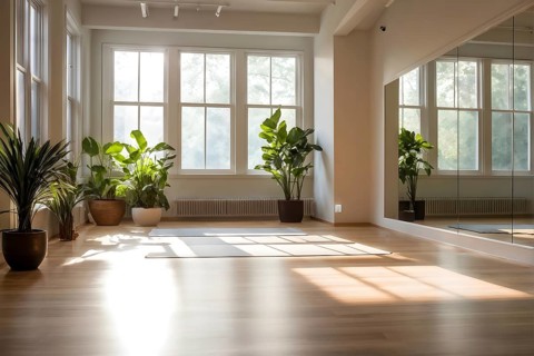 Empty bright and airy yoga studio with hardwood floors and minimalist decor, AI generated