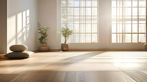 Empty bright and airy yoga studio with hardwood floors and minimalist decor, AI generated