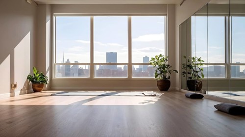 Empty bright and airy yoga studio with hardwood floors and minimalist decor, AI generated
