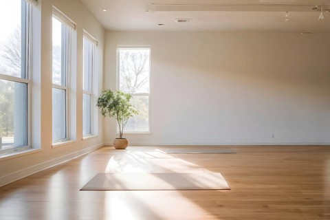 Empty bright and airy yoga studio with hardwood floors and minimalist decor, AI generated