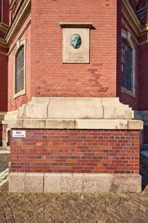 Facade with memorial plaque to Ernst Georg Sonnin, the builder of the main church of St Michaelis,
