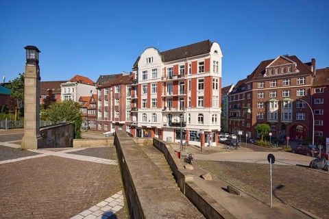 Residential development from the churchyard of the main church of St Michaelis, Michel, Free and