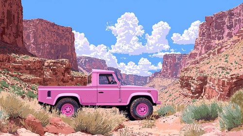 Pink truck parked in a rocky canyon under a bright clear sky, AI generated