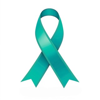 Teal ribbon over a transparent background. Symbol of ovarian cancer, anxiety, and sexual assault