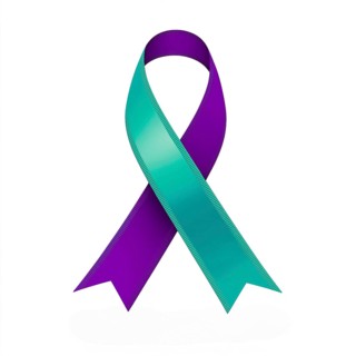 Teal and purple ribbon over a transparent background. Symbol of sexual assault awareness and