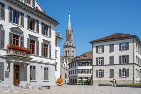 Old town ensemble, historic old town houses with the bell tower of the church of St. Laurenzen,