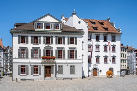 Historic townhouses in Gallusstrasse, monastery quarter, old town of Sankt Gallen, Canton of St.