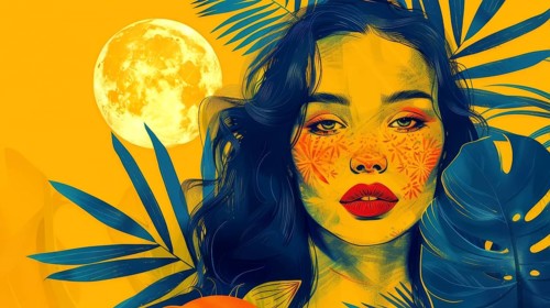 A blue-skinned woman with red lips surrounded by leaves and a full moon against a yellow