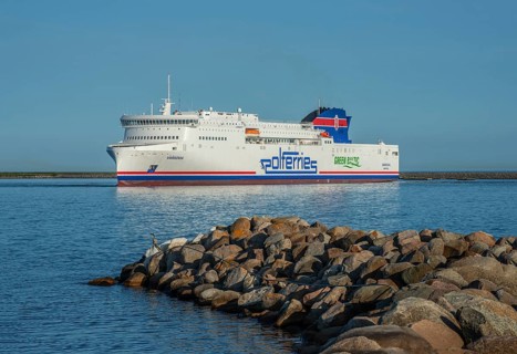 Polferries ferry Varsovia arrive in Ystad after travelling from Swinoujscie, Poland. Ystad, Scania,