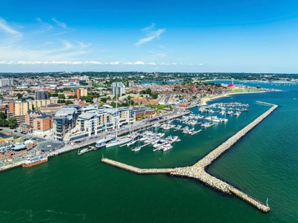Harbour and Marina over Poole Quay from a drone, Poole, Dorset, England, United Kingdom, Europe