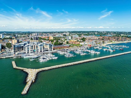 Harbour and Marina over Poole Quay from a drone, Poole, Dorset, England, United Kingdom, Europe