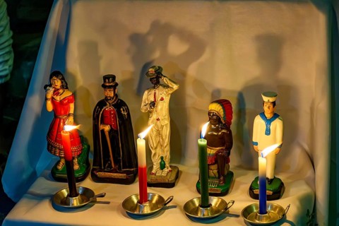 Religious altar honoring the entities and deities present in Umbanda and Candomble in Brazil,