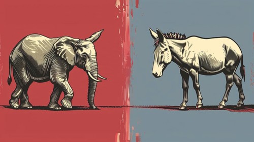 Illustration of a blue donkey and a red elephant representing democrat and republican us