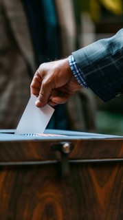 Man's hand in an elegant suit is putting a voting card into a voting box over the United States