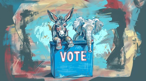 A donkey and an elephant coming out of a ballot box alluding to voting between Republicans and