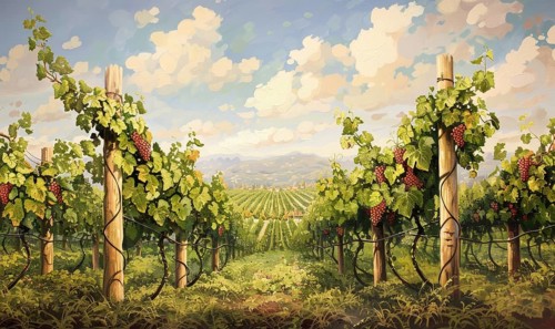 Vineyard with grapevines climbing trellises AI generated