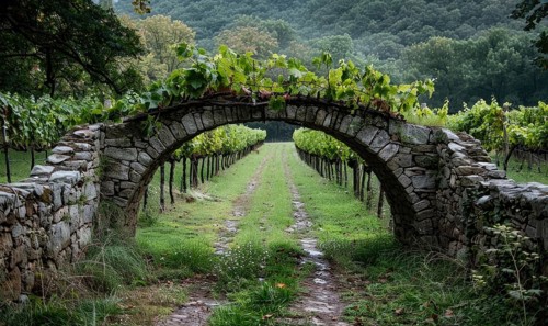 Vineyard with grapevines and an old stone bridge AI generated