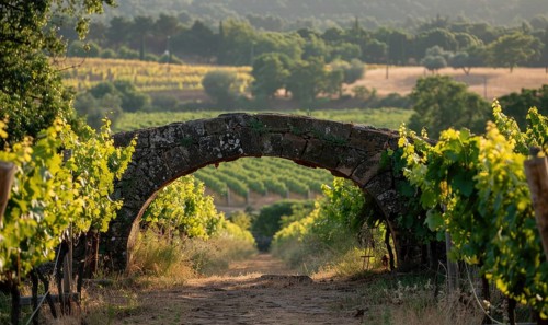 Vineyard with grapevines and an old stone bridge AI generated