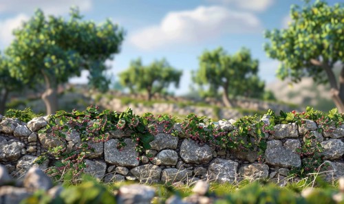 Vineyard with a stone wall and grapevines AI generated