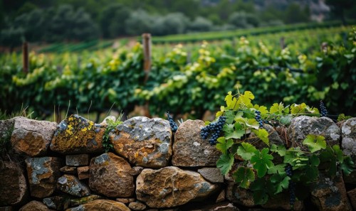 Vineyard with a stone wall and grapevines AI generated