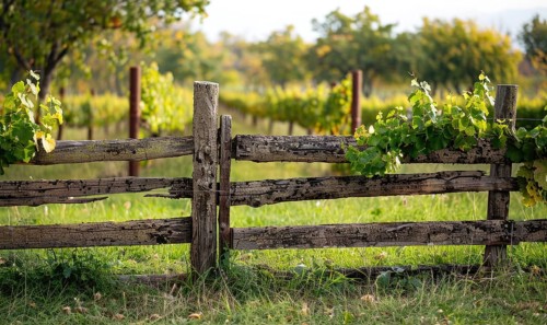 Vineyard with a rustic wooden fence and grapevines AI generated