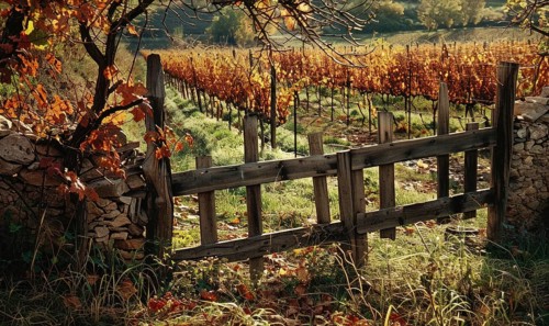 Vineyard with a rustic wooden fence and grapevines AI generated