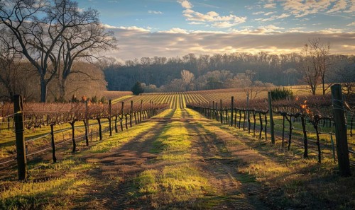 Vineyard in late afternoon light with long shadows AI generated
