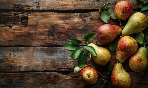 Top view of assorted pears on a rustic wooden table AI generated