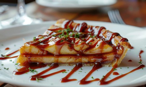 Slice of apple tart topped with caramel sauce AI generated
