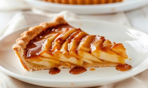 Slice of apple tart topped with caramel sauce AI generated