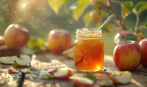 Jar of apple jam on a rustic wooden table AI generated